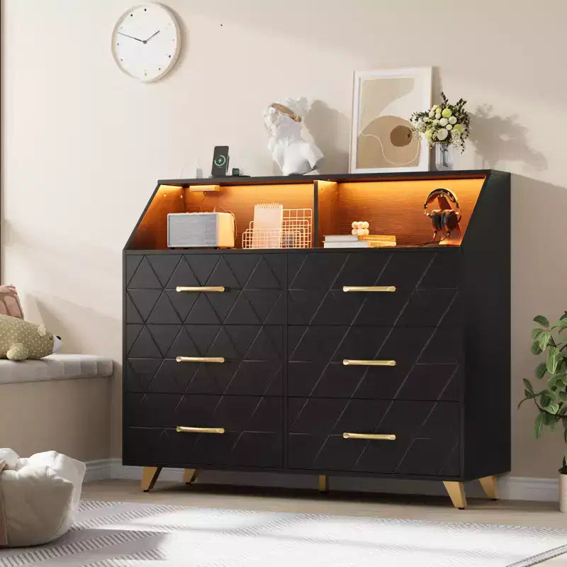 Black Chest of Drawer with Led Light Strip Modern 6 Drawer Dresser Charging Station Open Shelf Large Wooden Dresser Cabinet for Bedroom Living Room