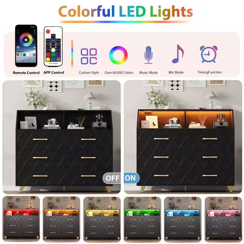 Black Chest of Drawer with Led Light Strip Modern 6 Drawer Dresser Charging Station Open Shelf Large Wooden Dresser Cabinet for Bedroom Living Room
