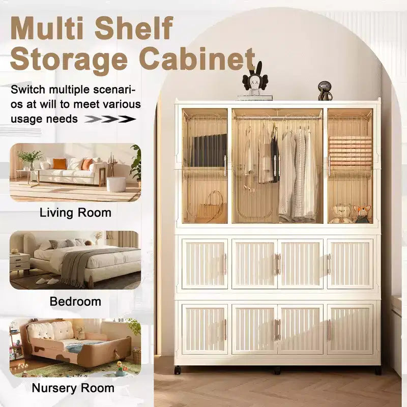 Whisen Wardrobe Closet Storage Organizer Clothes Dresser 9 Magnetic Doors-9 Cubes & 1 Hanging Rod 6 pcs Hangers