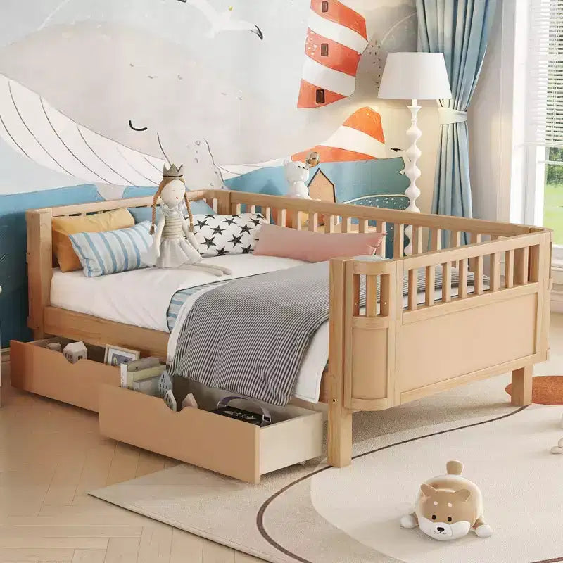 Twin/Full Size Wood Platform Bed for Kids Low Profile Bed with Safety Rails & Storage Drawers for Bedroom - ModernLuxe
