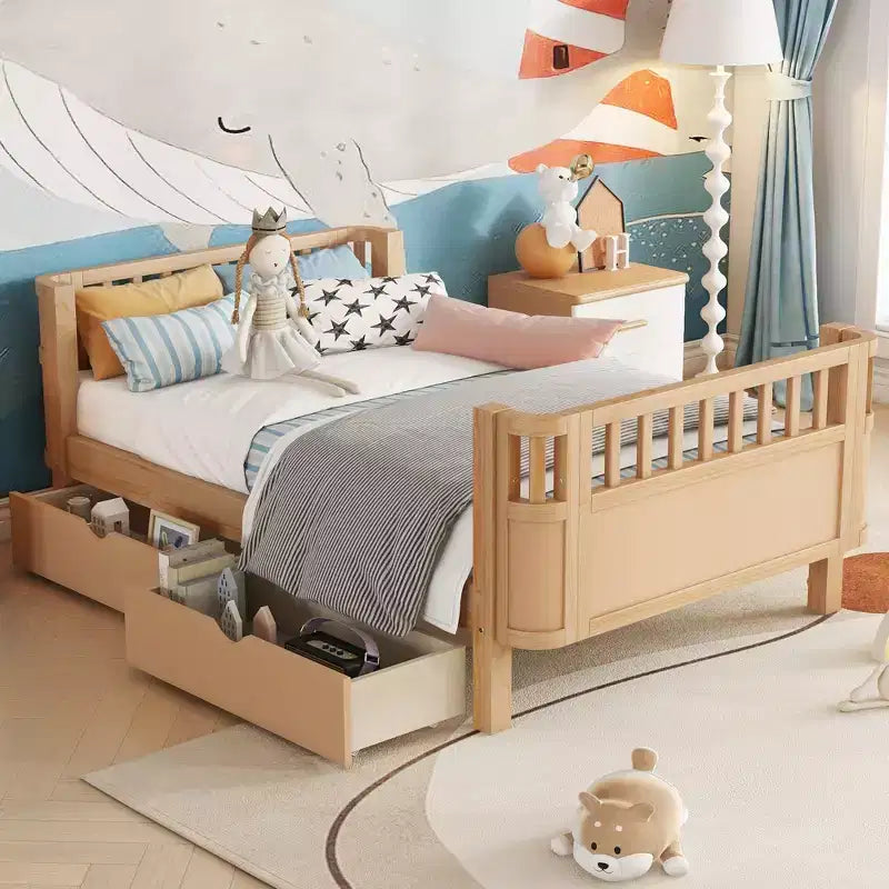 Twin/Full Size Wood Platform Bed for Kids Low Profile Bed with Safety Rails & Storage Drawers for Bedroom - ModernLuxe