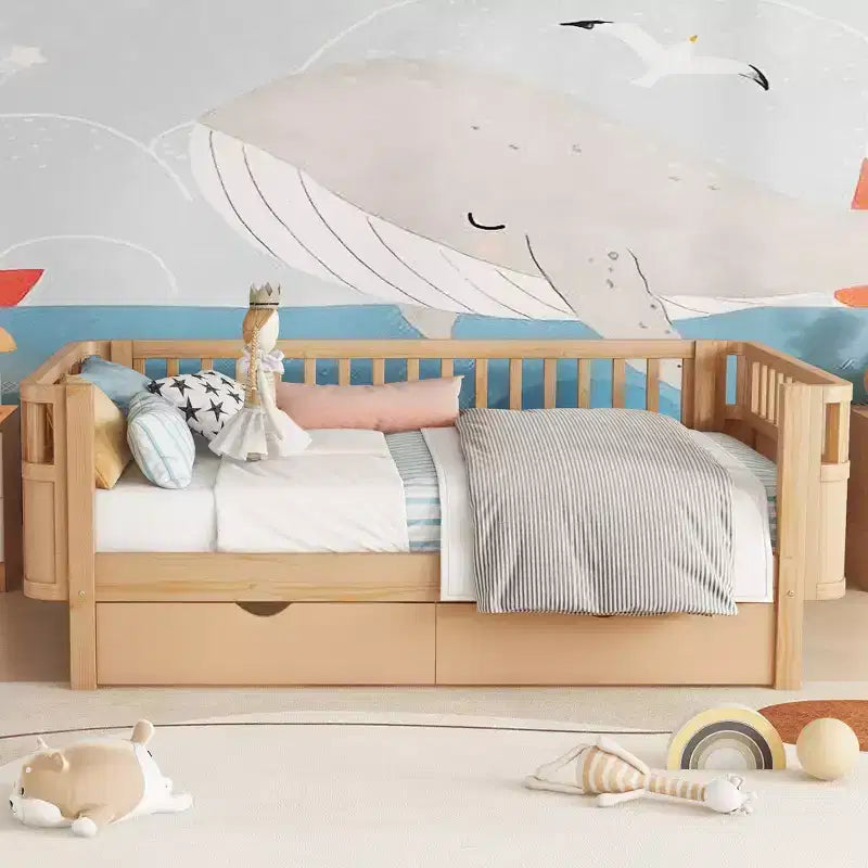 Twin/Full Size Wood Platform Bed for Kids Low Profile Bed with Safety Rails & Storage Drawers for Bedroom - ModernLuxe