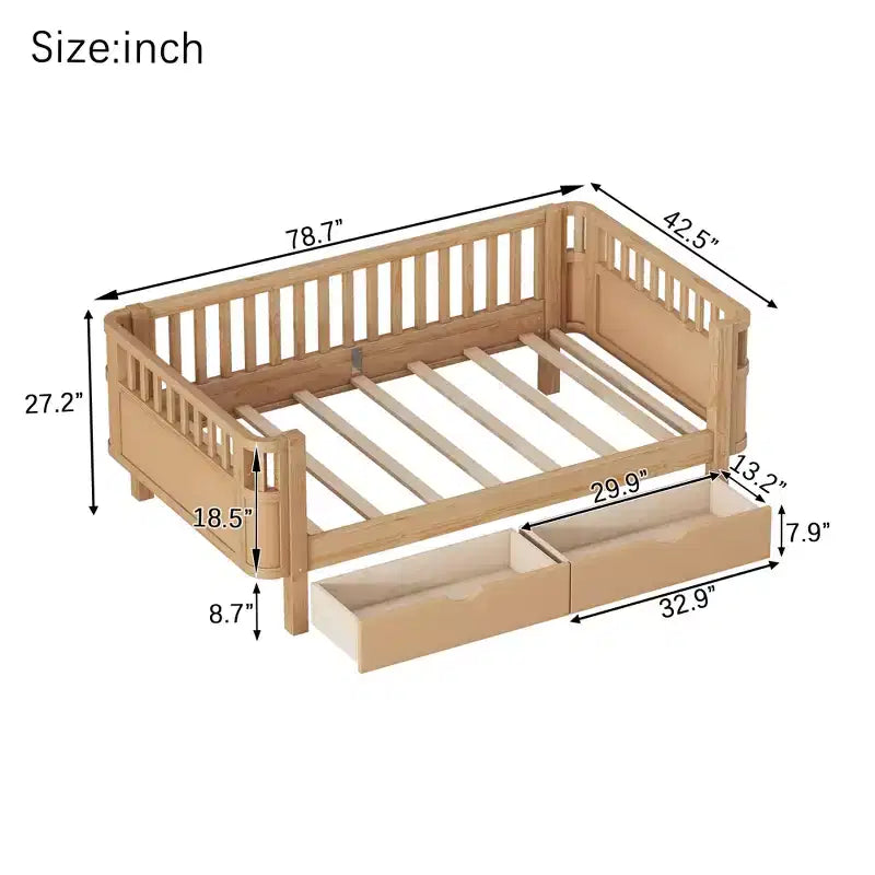 Twin/Full Size Wood Platform Bed for Kids Low Profile Bed with Safety Rails & Storage Drawers for Bedroom - ModernLuxe