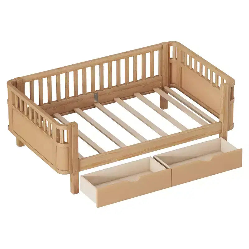 Twin/Full Size Wood Platform Bed for Kids Low Profile Bed with Safety Rails & Storage Drawers for Bedroom - ModernLuxe