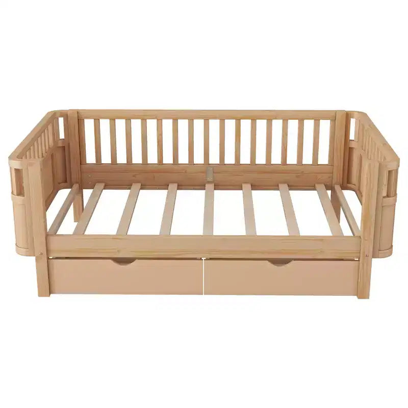 Twin/Full Size Wood Platform Bed for Kids Low Profile Bed with Safety Rails & Storage Drawers for Bedroom - ModernLuxe
