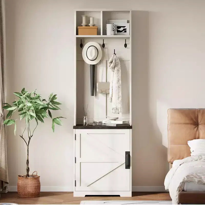 Rustic-style entryway shoe cabinet with compact coat storage featuring 5 coat hooks includes shoe storage ideal for entryways and hallways.