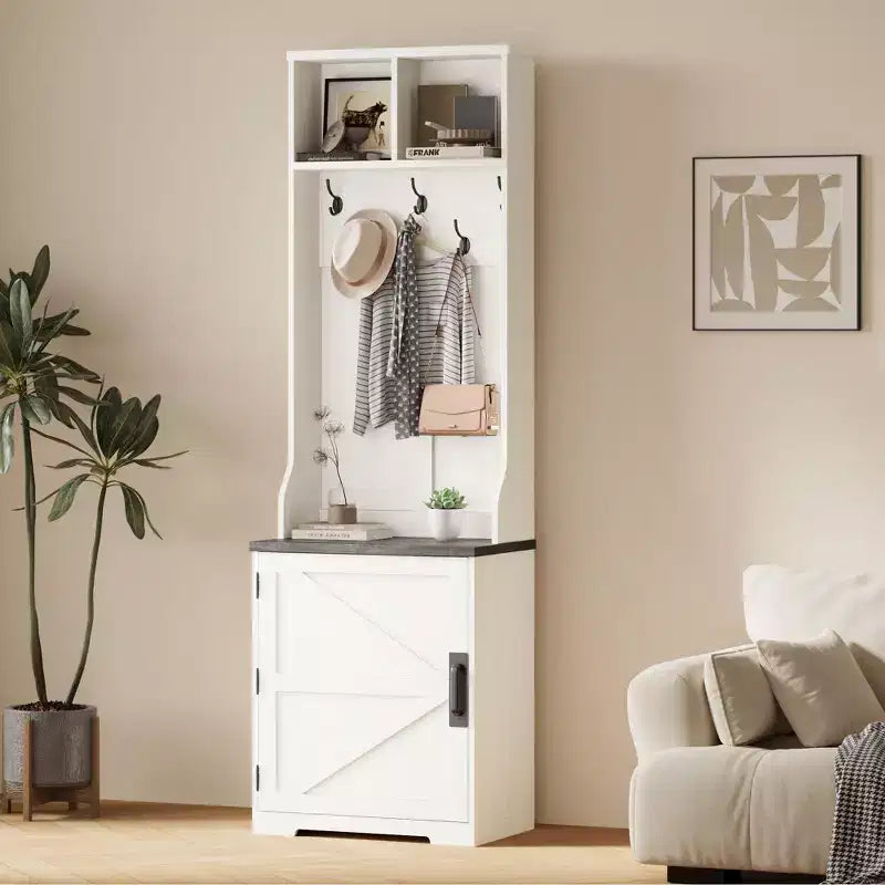 Rustic-style entryway shoe cabinet with compact coat storage featuring 5 coat hooks includes shoe storage ideal for entryways and hallways.