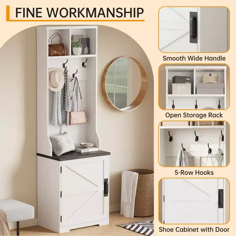 Rustic-style entryway shoe cabinet with compact coat storage featuring 5 coat hooks includes shoe storage ideal for entryways and hallways.