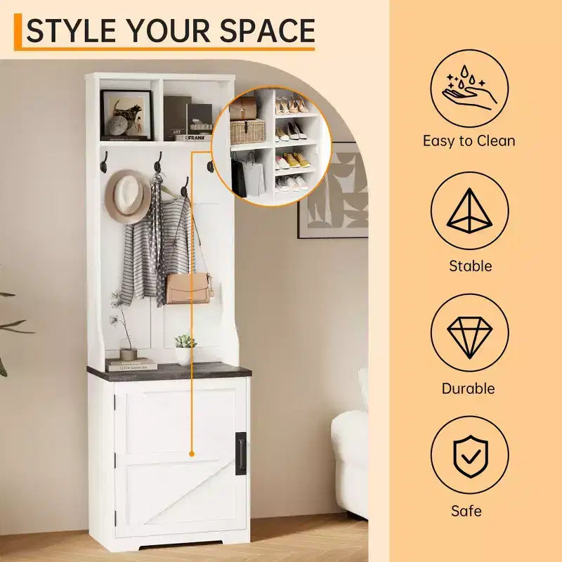 Rustic-style entryway shoe cabinet with compact coat storage featuring 5 coat hooks includes shoe storage ideal for entryways and hallways.