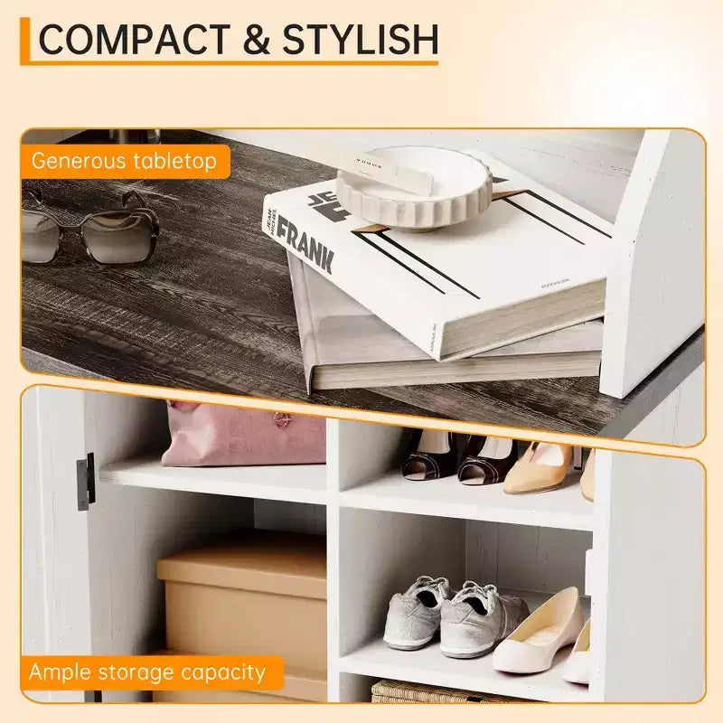 Rustic-style entryway shoe cabinet with compact coat storage featuring 5 coat hooks includes shoe storage ideal for entryways and hallways.