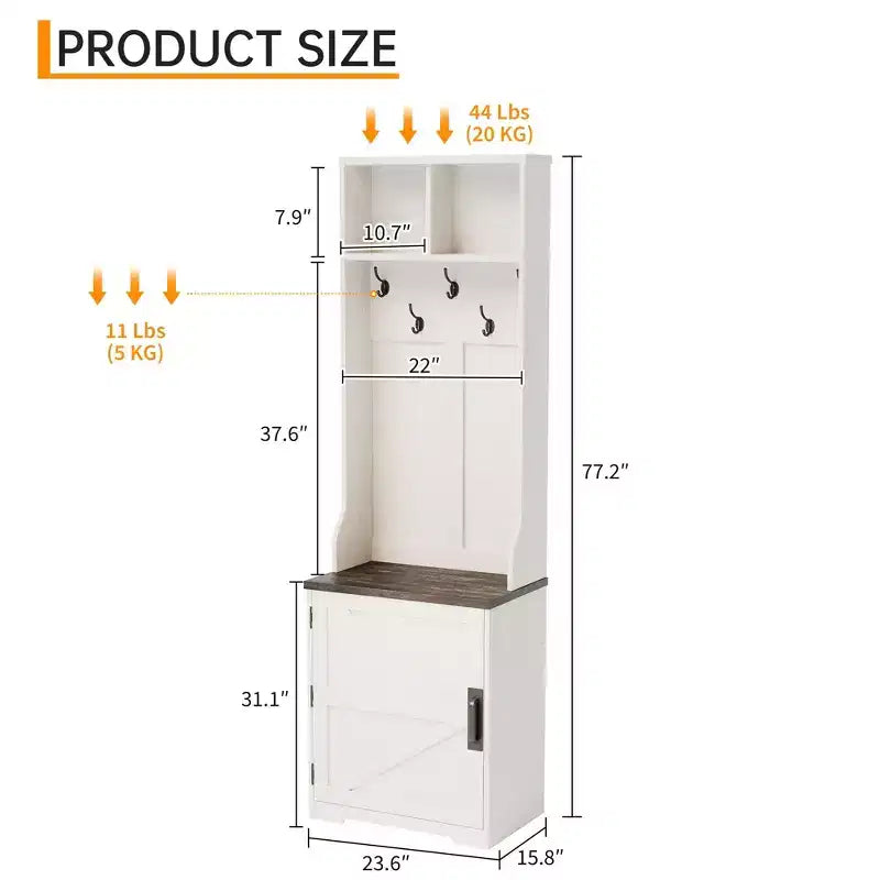 Rustic-style entryway shoe cabinet with compact coat storage featuring 5 coat hooks includes shoe storage ideal for entryways and hallways.