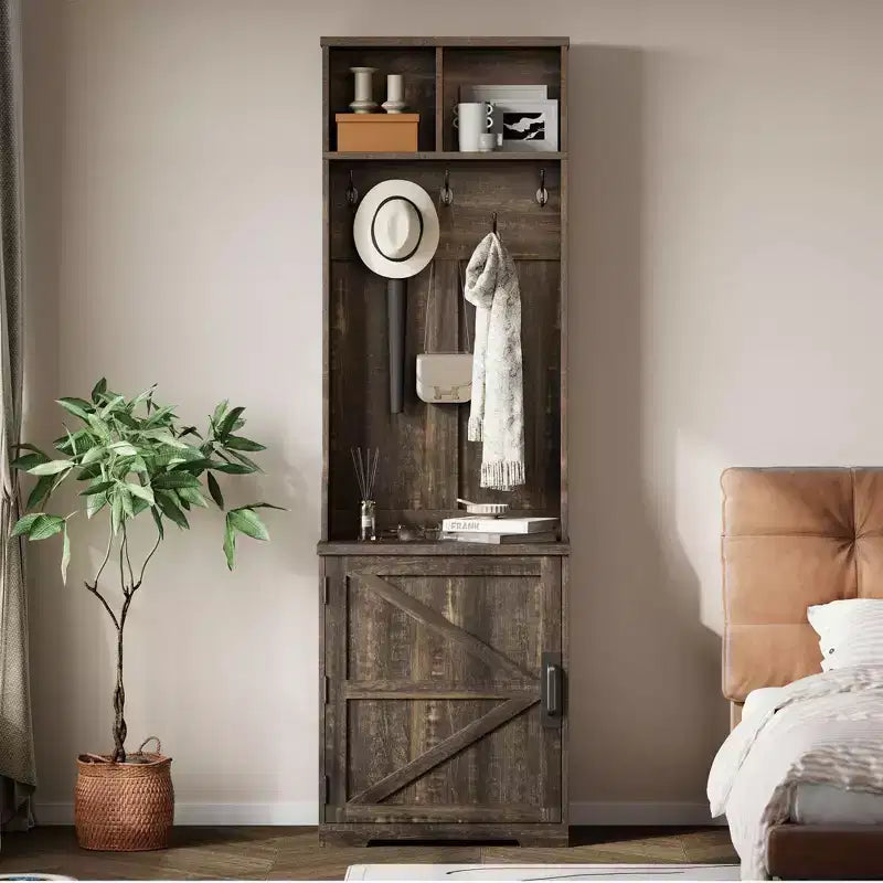 Rustic-style entryway shoe cabinet with compact coat storage featuring 5 coat hooks includes shoe storage ideal for entryways and hallways.