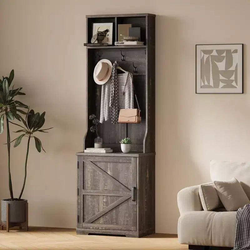 Rustic-style entryway shoe cabinet with compact coat storage featuring 5 coat hooks includes shoe storage ideal for entryways and hallways.