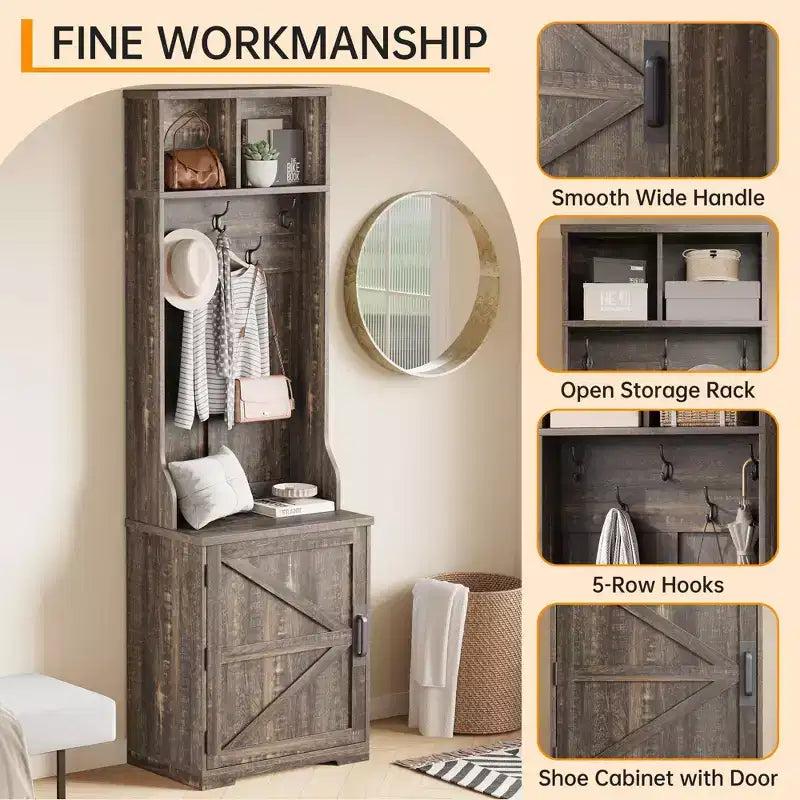 Rustic-style entryway shoe cabinet with compact coat storage featuring 5 coat hooks includes shoe storage ideal for entryways and hallways.