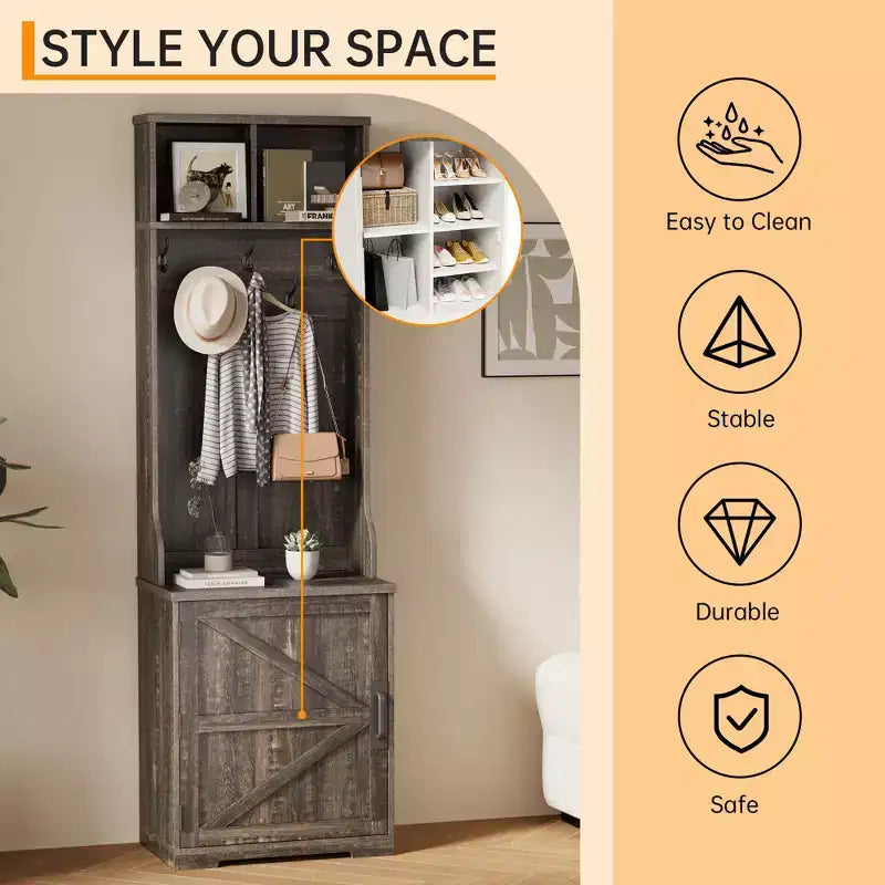 Rustic-style entryway shoe cabinet with compact coat storage featuring 5 coat hooks includes shoe storage ideal for entryways and hallways.