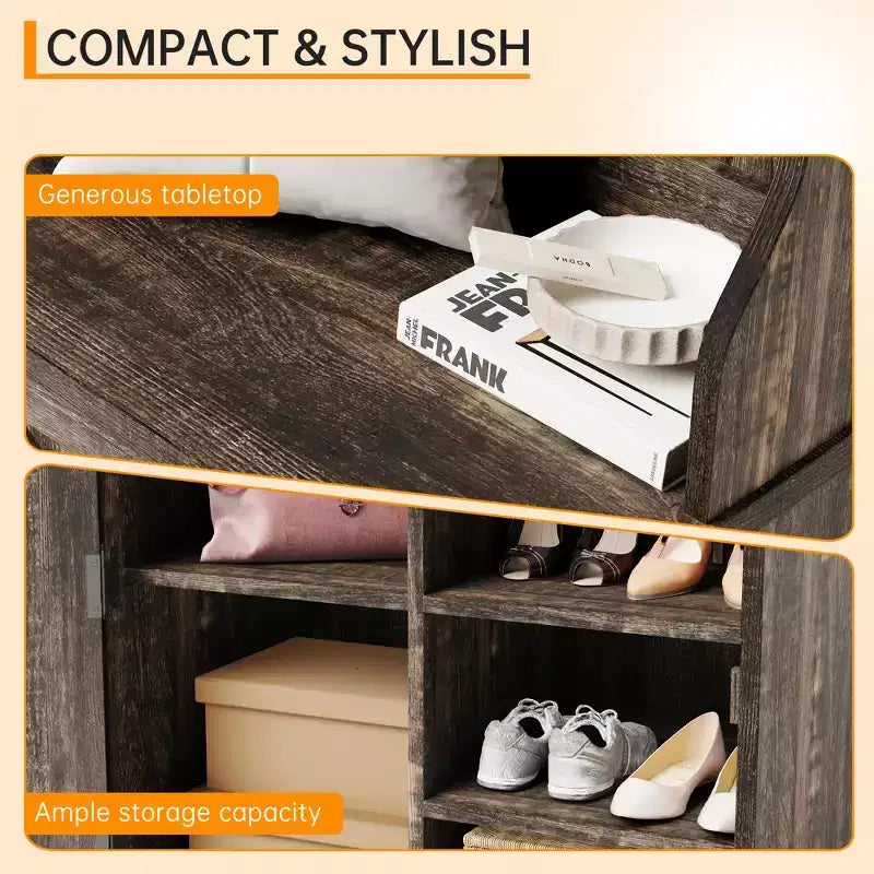 Rustic-style entryway shoe cabinet with compact coat storage featuring 5 coat hooks includes shoe storage ideal for entryways and hallways.