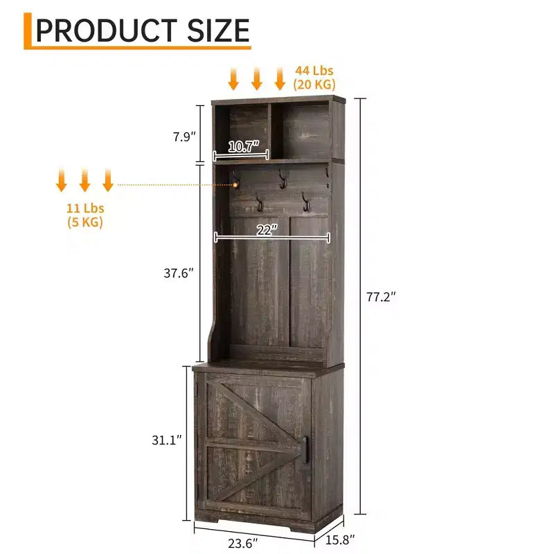 Rustic-style entryway shoe cabinet with compact coat storage featuring 5 coat hooks includes shoe storage ideal for entryways and hallways.