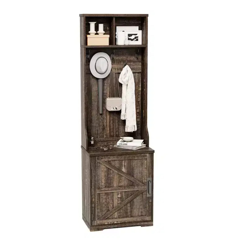 Rustic-style entryway shoe cabinet with compact coat storage featuring 5 coat hooks includes shoe storage ideal for entryways and hallways.