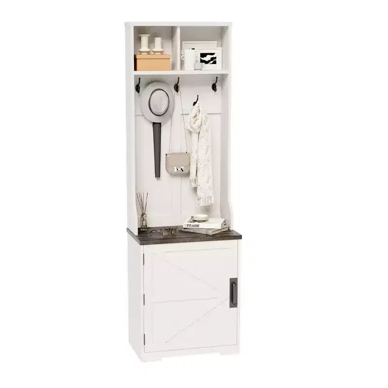 Rustic-style entryway shoe cabinet with compact coat storage featuring 5 coat hooks includes shoe storage ideal for entryways and hallways.