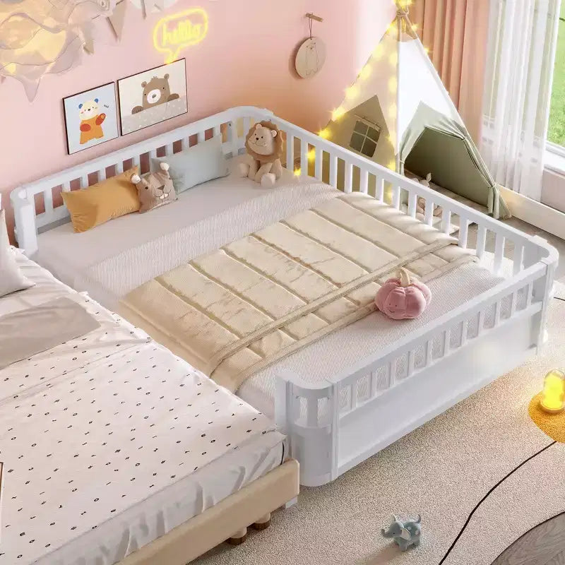 Bellemave Full Platform Bed with Safety Guardrails and Detachable Fence Solid Wood Platform Bed for Kids White
