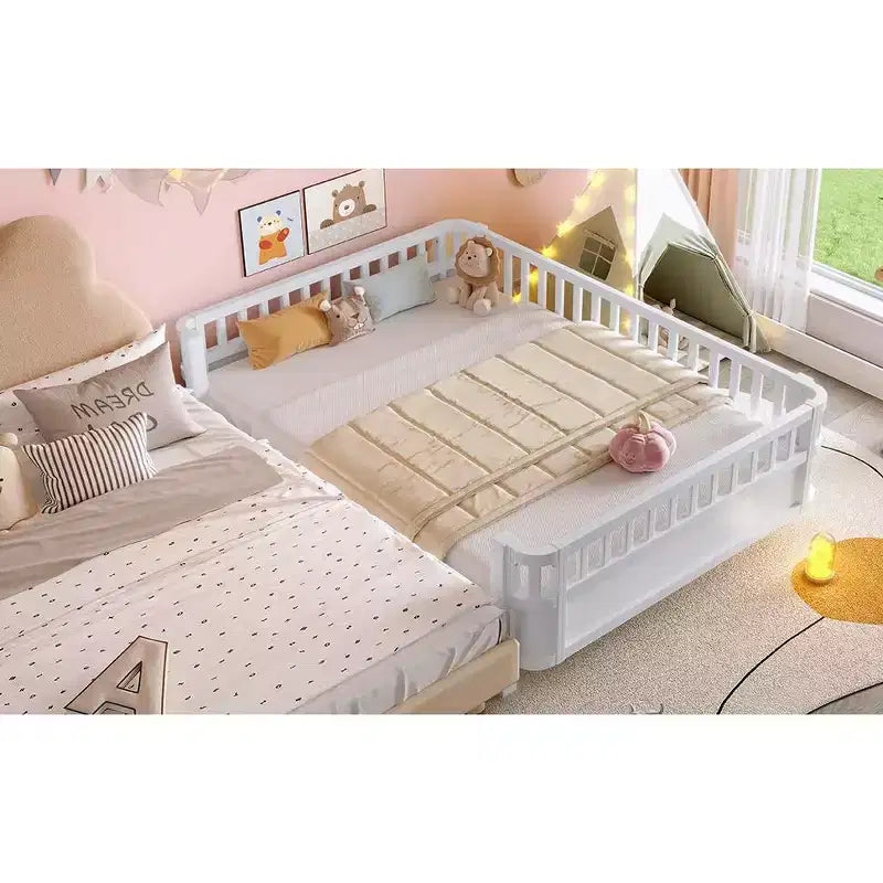 Bellemave Full Platform Bed with Safety Guardrails and Detachable Fence Solid Wood Platform Bed for Kids White