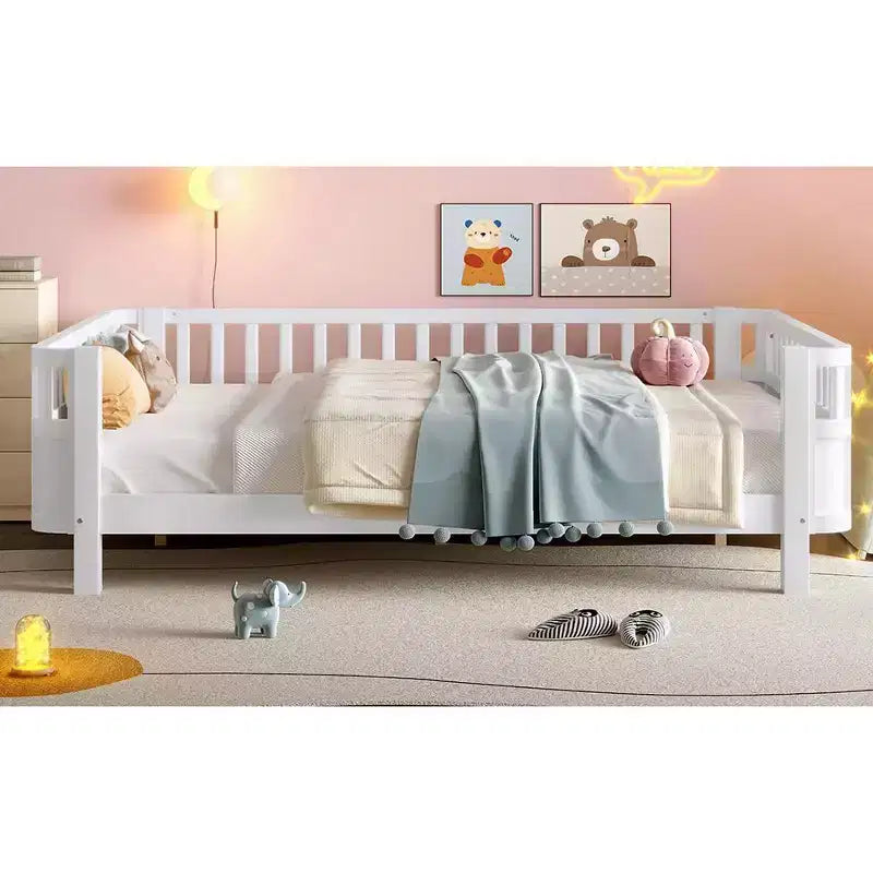 Bellemave Full Platform Bed with Safety Guardrails and Detachable Fence Solid Wood Platform Bed for Kids White