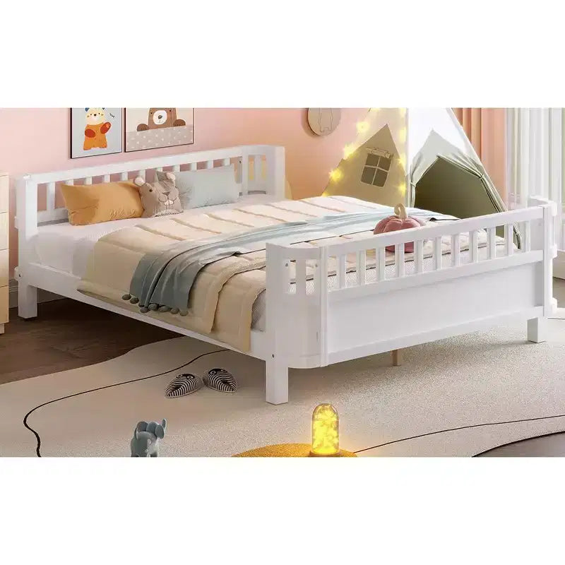 Bellemave Full Platform Bed with Safety Guardrails and Detachable Fence Solid Wood Platform Bed for Kids White