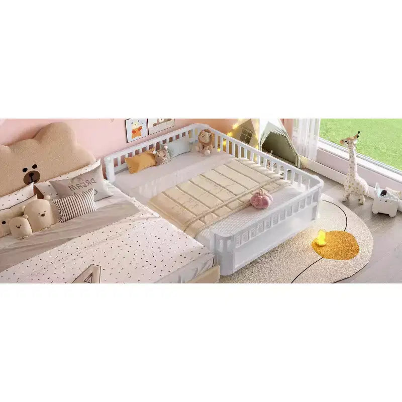 Bellemave Full Platform Bed with Safety Guardrails and Detachable Fence Solid Wood Platform Bed for Kids White