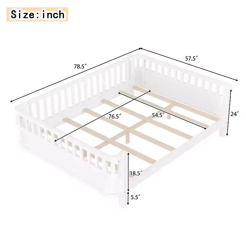 Bellemave Full Platform Bed with Safety Guardrails and Detachable Fence Solid Wood Platform Bed for Kids White
