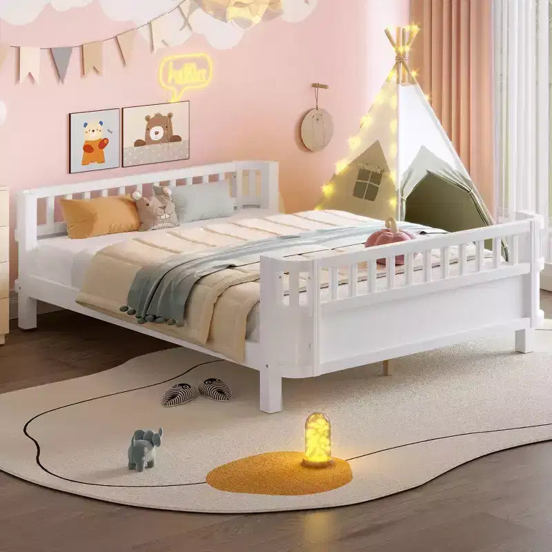 Bellemave Full Platform Bed with Safety Guardrails and Detachable Fence Solid Wood Platform Bed for Kids White