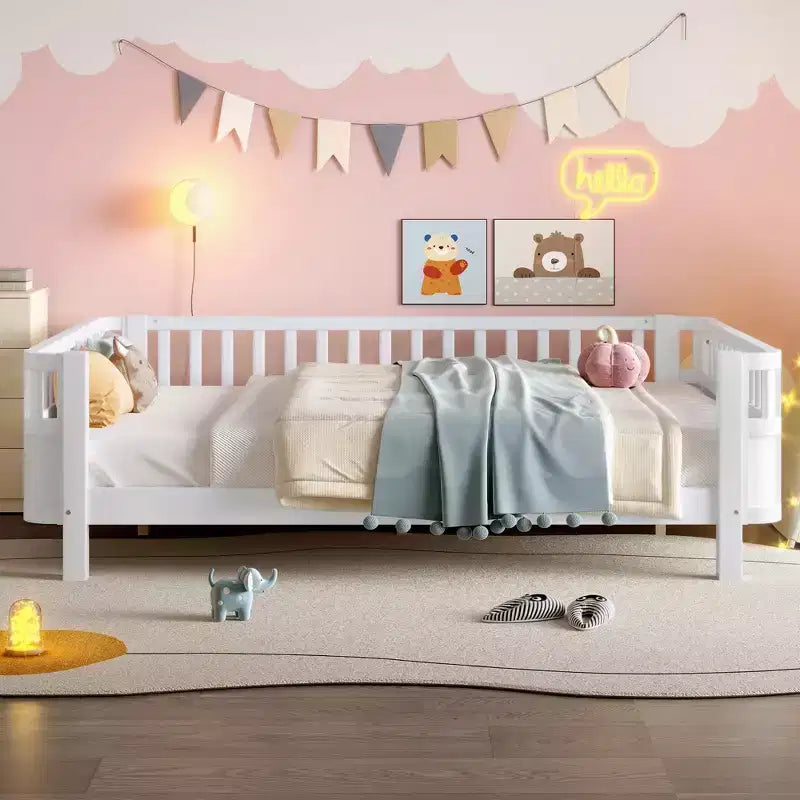 Bellemave Full Platform Bed with Safety Guardrails and Detachable Fence Solid Wood Platform Bed for Kids White