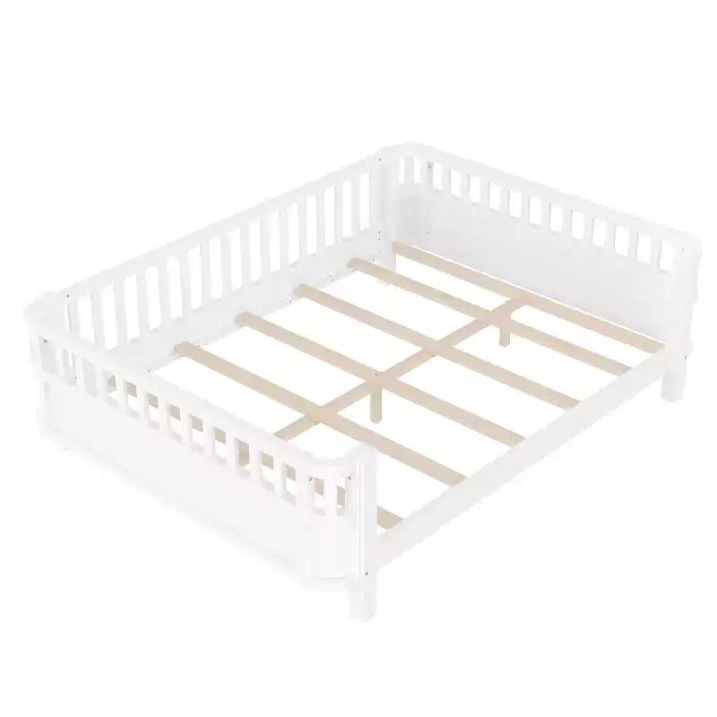 Bellemave Full Platform Bed with Safety Guardrails and Detachable Fence Solid Wood Platform Bed for Kids White