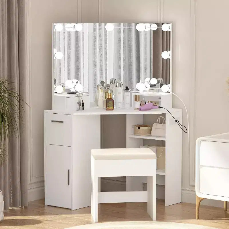 Modern Corner Vanity Makeup Desk with Vanity Mirror Built-in Power Outlet with Drawers & Cabinets Open Storage for Bedroom
