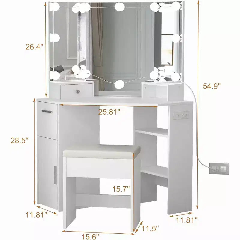 Modern Corner Vanity Makeup Desk with Vanity Mirror Built-in Power Outlet with Drawers & Cabinets Open Storage for Bedroom