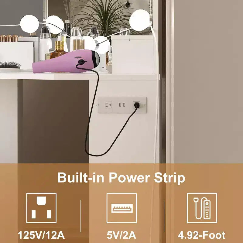 Modern Corner Vanity Makeup Desk with Vanity Mirror Built-in Power Outlet with Drawers & Cabinets Open Storage for Bedroom