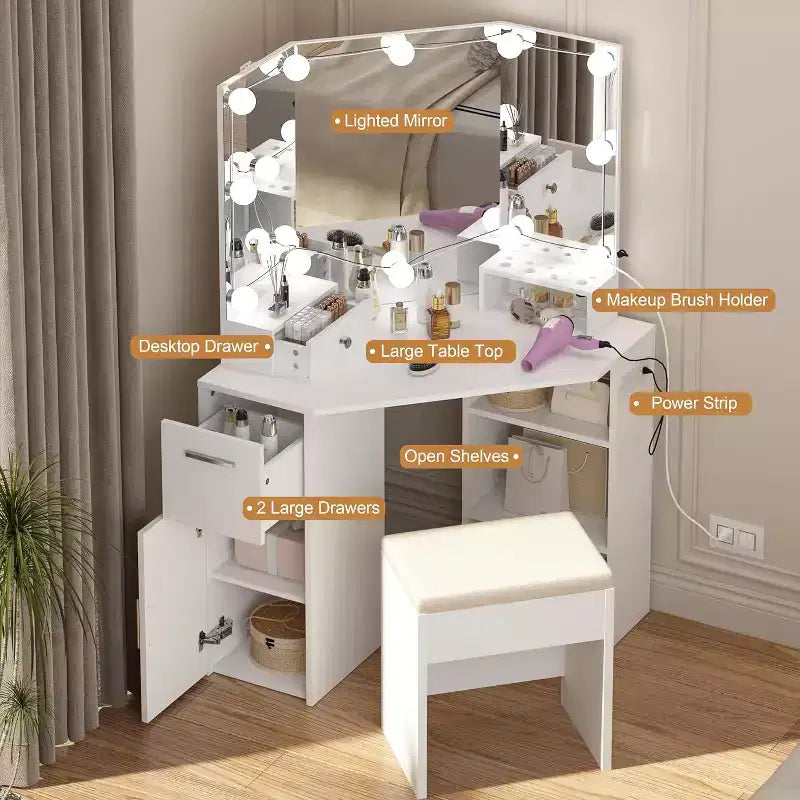 Modern Corner Vanity Makeup Desk with Vanity Mirror Built-in Power Outlet with Drawers & Cabinets Open Storage for Bedroom