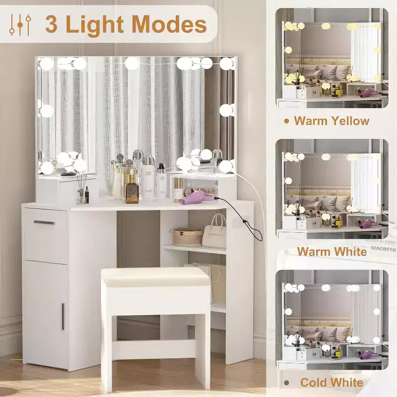 Modern Corner Vanity Makeup Desk with Vanity Mirror Built-in Power Outlet with Drawers & Cabinets Open Storage for Bedroom