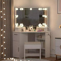 Modern Corner Vanity Makeup Desk with Vanity Mirror Built-in Power Outlet with Drawers & Cabinets Open Storage for Bedroom