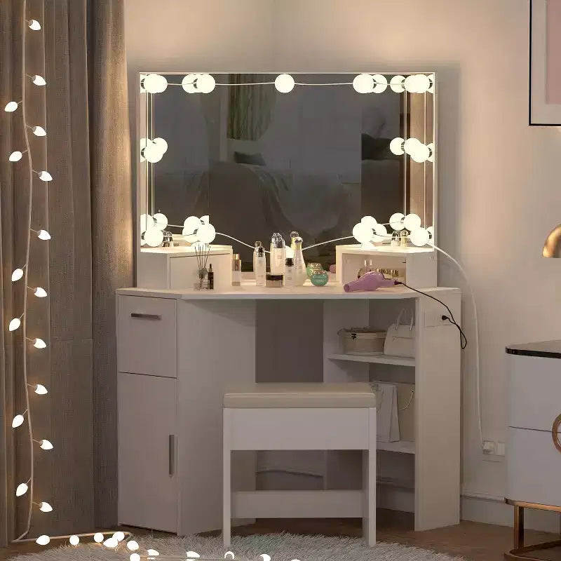 Modern Corner Vanity Makeup Desk with Vanity Mirror Built-in Power Outlet with Drawers & Cabinets Open Storage for Bedroom