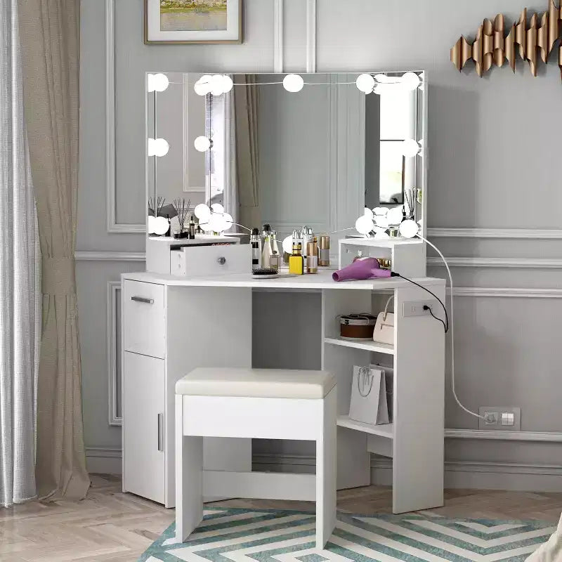 Modern Corner Vanity Makeup Desk with Vanity Mirror Built-in Power Outlet with Drawers & Cabinets Open Storage for Bedroom