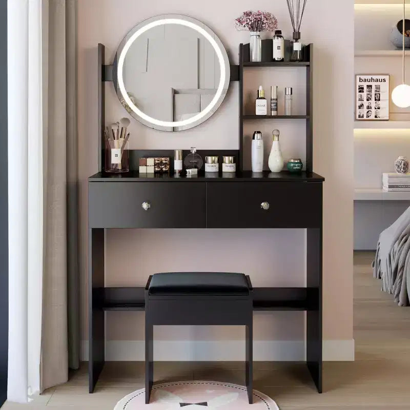 Vanity Desk with Mirror and Lights Makeup Vanity Table Set with Power Outlets and Chair 3 Lighting Colors Makeup Desk with 3 Drawer