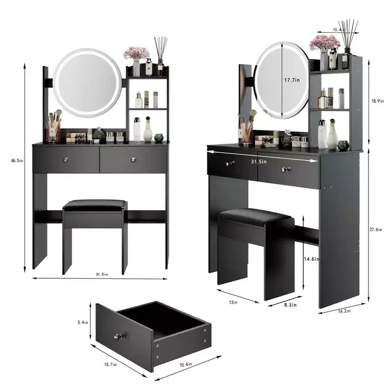 Vanity Desk with Mirror and Lights Makeup Vanity Table Set with Power Outlets and Chair 3 Lighting Colors Makeup Desk with 3 Drawer