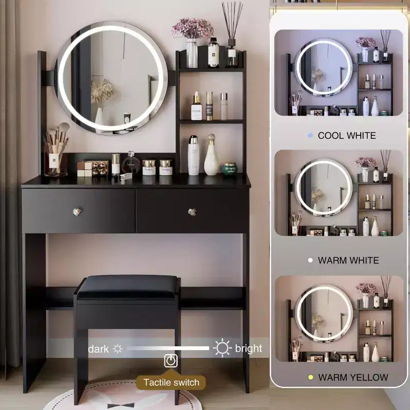 Vanity Desk with Mirror and Lights Makeup Vanity Table Set with Power Outlets and Chair 3 Lighting Colors Makeup Desk with 3 Drawer