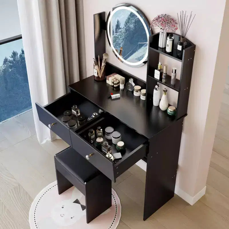Vanity Desk with Mirror and Lights Makeup Vanity Table Set with Power Outlets and Chair 3 Lighting Colors Makeup Desk with 3 Drawer