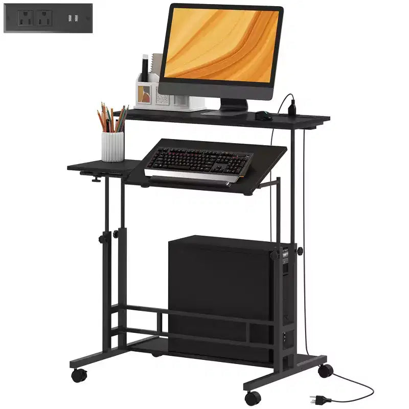 HOMCOM Standing Desk with Power Outlets Height Adjustable Stand Up Desk with Tiltable Tabletop Lockable Wheels Shelf for Home Office