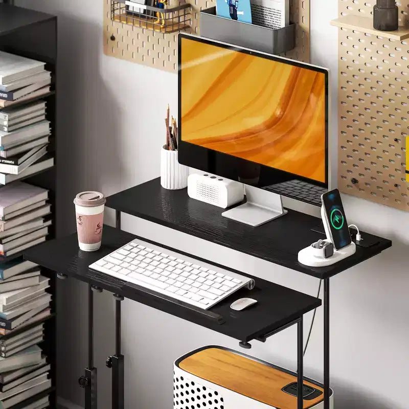 HOMCOM Standing Desk with Power Outlets Height Adjustable Stand Up Desk with Tiltable Tabletop Lockable Wheels Shelf for Home Office
