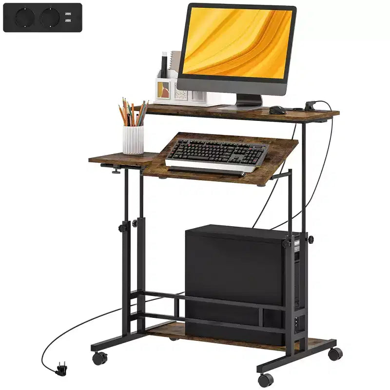 HOMCOM Standing Desk with Power Outlets Height Adjustable Stand Up Desk with Tiltable Tabletop Lockable Wheels Shelf for Home Office