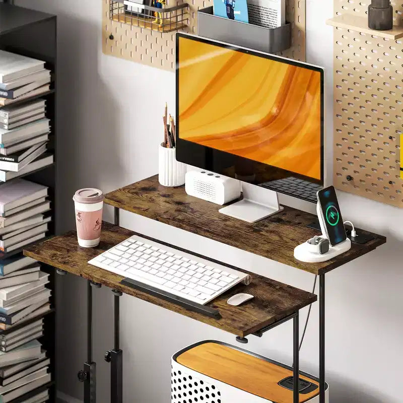 HOMCOM Standing Desk with Power Outlets Height Adjustable Stand Up Desk with Tiltable Tabletop Lockable Wheels Shelf for Home Office