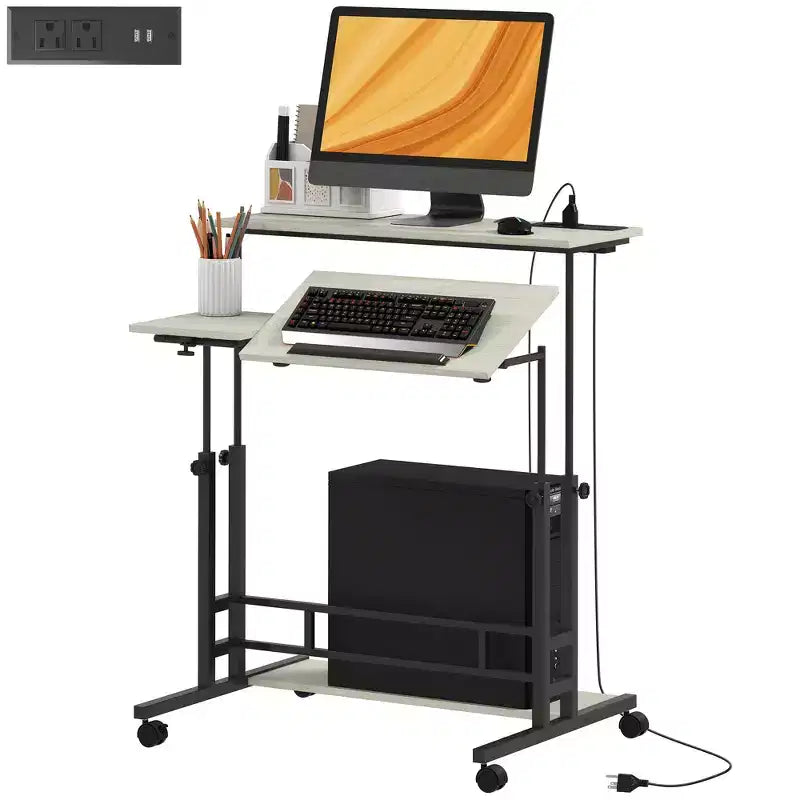 HOMCOM Standing Desk with Power Outlets Height Adjustable Stand Up Desk with Tiltable Tabletop Lockable Wheels Shelf for Home Office