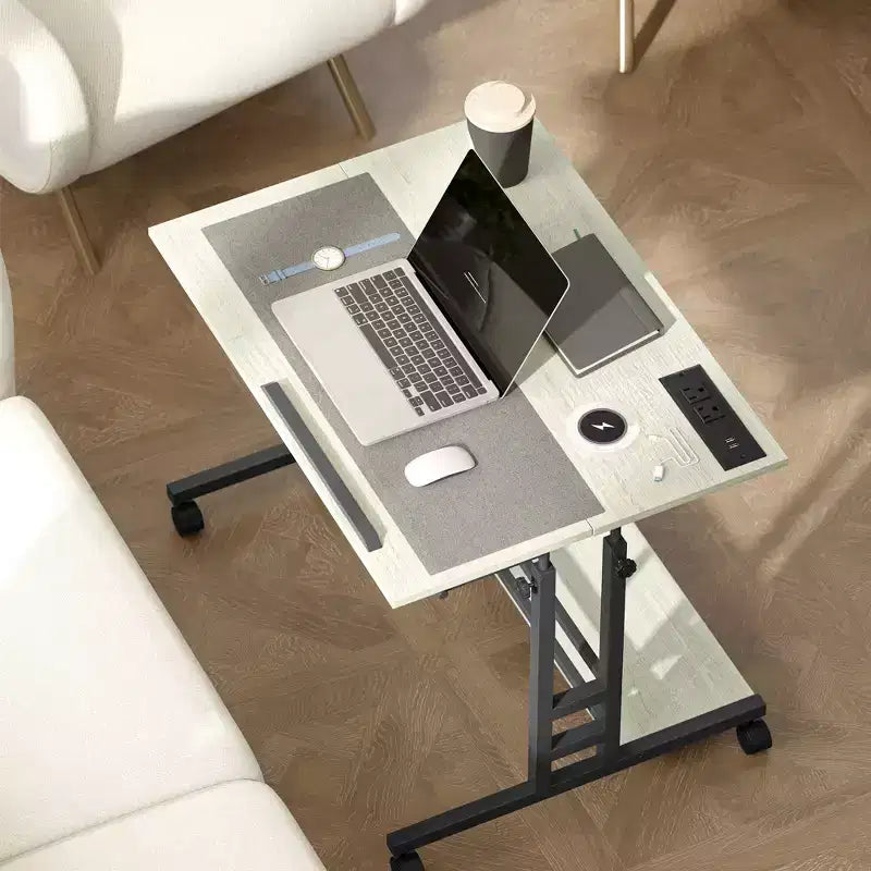 HOMCOM Standing Desk with Power Outlets Height Adjustable Stand Up Desk with Tiltable Tabletop Lockable Wheels Shelf for Home Office